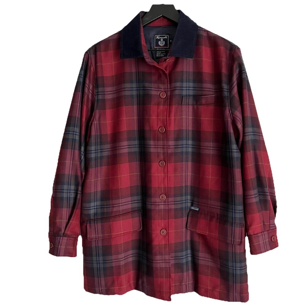 Faconnable Men’s Wool Plaid Field Coat Size L Red Navy